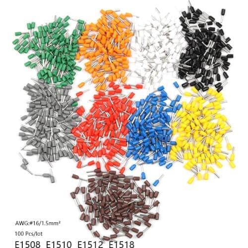 100pcs E1508 E1510 E1512 E1518 Insulated Ferrules Terminal Block Cord End Wire Connector Crimp Terminator For 1.5mm2, 16 AWG