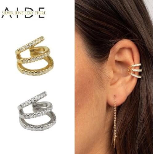 AIDE Luxurious Geometric 3 Layers Ear Cuff Personalized INS Zircon Row Non Pierced Clip on Earrings Silver 925 Jewelry kolczyki