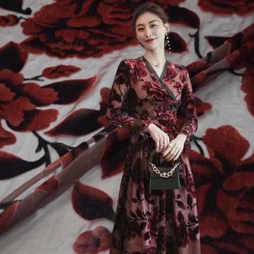 Red peony burnt-out velvet fabric for dress ткань хлопок ткани bazin riche vestidos african фатин tissu telas por metro tissus