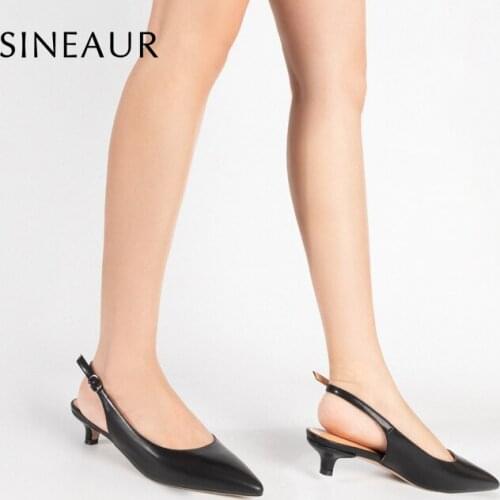SINEAUR Womens Summer Shoes Low Mid Kitten Cat Heel Pumps Pointed Toe Black Strap Sandals PU Elegance Dress Plus Size 35-45