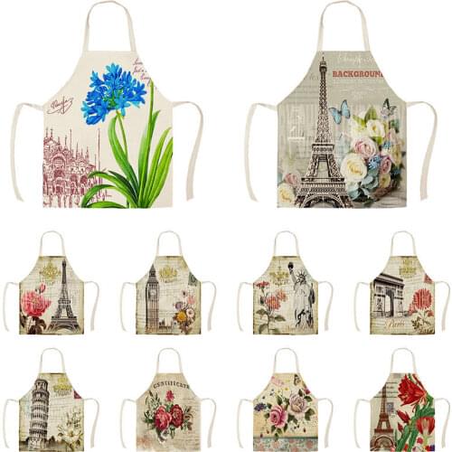 Decorative Vintage Paris Tower Kitchen Aprons for Woman Man Home Cooking Baking Shop Cleaning Cotton Linen Apron WQ1543