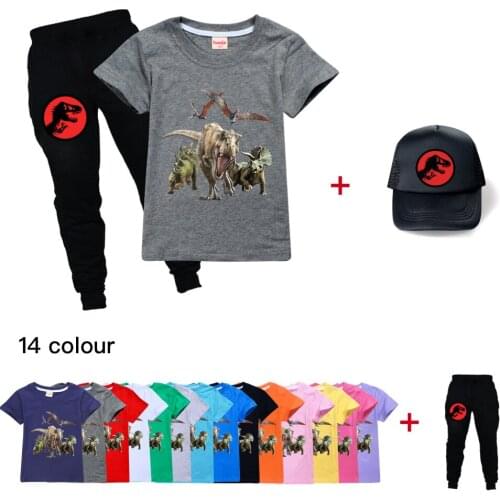 Kids Cartoon Halloween Jurassic Park Cosplay Costumes Summer Casual T-shirt Suit Dinosaur Boys Girls Boutique Clothing suit+cap