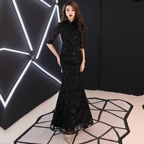 Fashion Chinese Evening Dress Qipao Long Dresses Cheongsam Modern Oriental Style Party Black Gown Qi Pao Women Robe Orientale