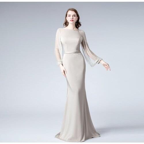 Vintage Khaki Long Sleeve Rhinestones Evening Dress 2019 Evening Gowns Formal Women Mermaid Dresses YQLNNE