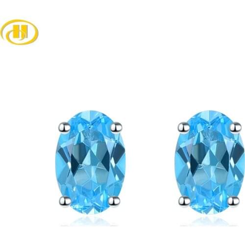 Hutang Oval 6x4 Genuine Blue Topaz 925 Silver Stud Earrings Solid 925 Sterling Silver Fine Elegant Gemstone Jewelry for Women