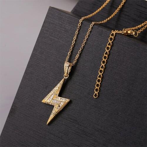 Classic Transparent Cubic Zirconia Copper Metal Lightning Necklace Pendants For Women Gold Color Stainless Steel Chain Necklace
