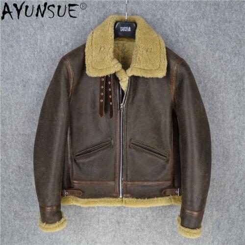AYUNSUE Men Clothing Sheepskin Genuine Leather Jacket Mens Coat Thick Mens Clothing Retro Classic Clothes Male Jaqueta LXR507