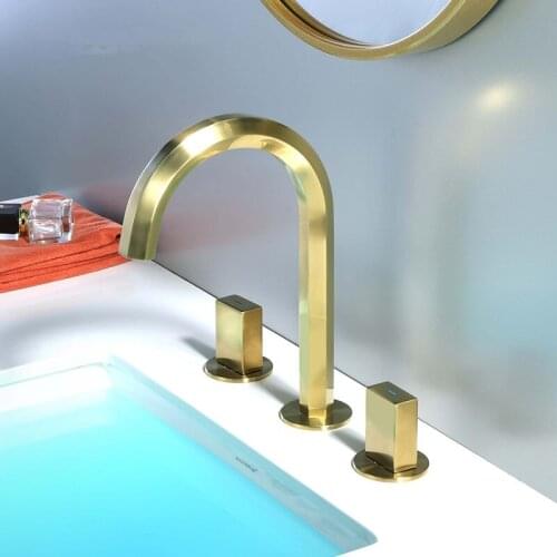 New Bathroom Basin Faucet 8 inch Widespread Lavatory Mixer Tap Brass Three Hole Sink tap Brush gold sink faucet