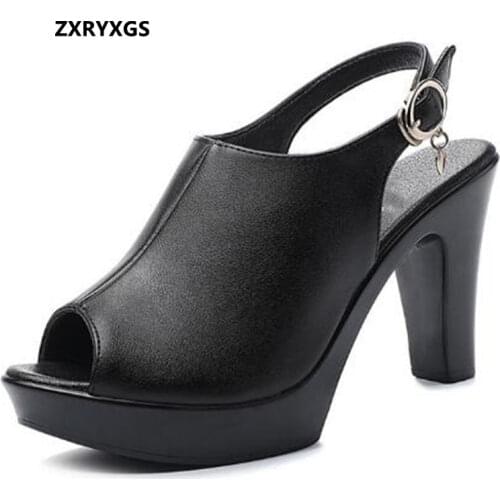 2020 New Fish Mouth Summer Elegant Fashion Sandals Cowhide Leather Shoes Woman High Heel Sandals Large Size Summer Women Sandals