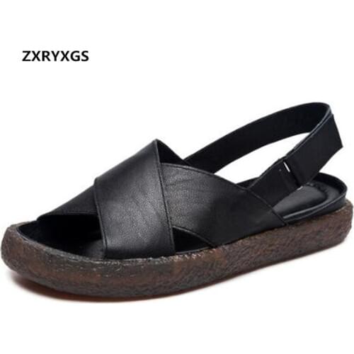 Newest Fashion Summer Leather Sandals Comfort Soft Bottom Soft Cowhide Flat Sandals Cross Strap Open Shoes Woman Casual Sandals