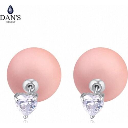 DANS ELEMENT Big Brand AAA Zirconia White Gold Color Simulated Pearl Fashion Ball Stud Earrings For Women Heart 113770Pink