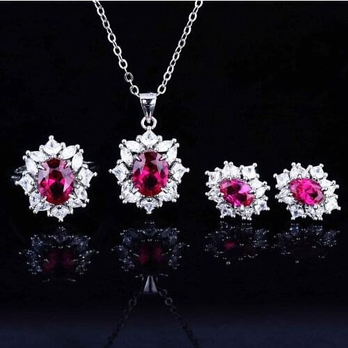 Rose Red Crystal Quartz Diamonds Gemstones Chic Stud Earrings Rings Pendant Necklaces for Women 18k White Gold Filled Jewelry