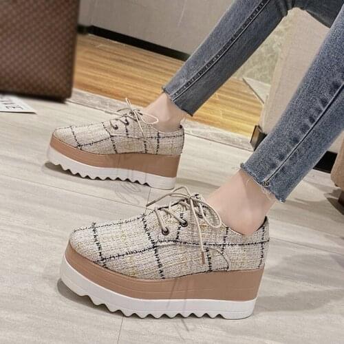 Rimocy Hemp Plaid Flat Platform Shoes Women New Spring Vogue Wedges Vulcanize Shoes Woman High Heels Lace Up Casual Shoes