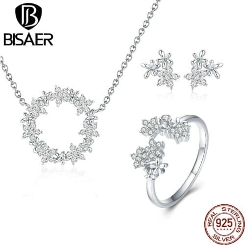 BISAER 100% 925 Sterling Silver Clear CZ Flower Daisy Women Silver Earrings Rings Jewelry Sets Wedding Dubai Bridal Jewelry