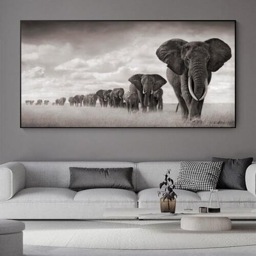 Animal Black And White Photo Group Of Wild Elephants In Africa Migrating Art Canvas Poster Living Room Home Decoration Painting