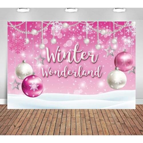 Winter Wonderland Theme Backdrop for Pink Girl Baby Shower Birthday Party Christmas Snowflake Snow Landscape Background