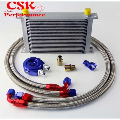 25 Row 248mm AN10 Universal Engine Transmission Oil Cooler British Type + Aluminum Filter Hose End Kit Blue