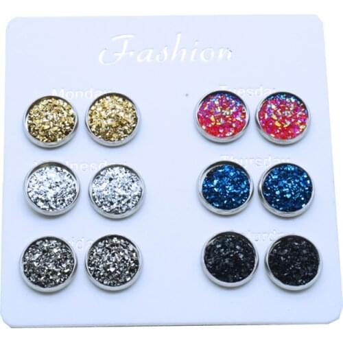 6 Pairs/Set 12mm Round Druzy Stud Earrings Set Bling Sparkly Resin Stainless Steel Ear Studs Charm Femme Jewelry