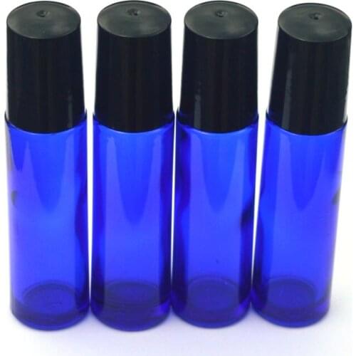6pcs Refillable Bottle 10ml Blue Roller Glass Bottle Empty Fragrance Perfume Essential Oil Bottle Roll-On Black Plastic Lip Liqu