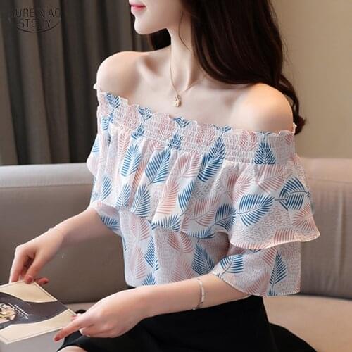 New Short Sleeve Off Shoulder Floral Chiffon Blouse Women 2021 Summer Chemisier Femme Elegant Slim Fit Ruffle Tops Women 9213 50