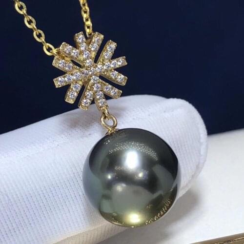 D119 Fine Jewelry 18K Gold Natural Ocean Tahiti Black Pearl 12-13mm Pendant Necklaces for Women FIne Pearls Pendants