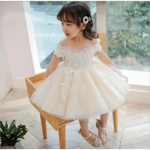 Beads Sequin Tulle Kids Dress for Girls Wedding Floral Lace Off Shoulder Girl Dress Elegant Princess Party Pageant Formal Gown