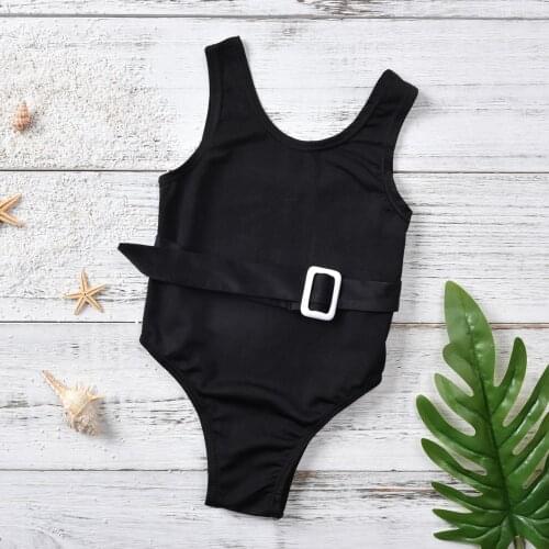 FOCUSNORM 0-5Y Summer Kids Girls Swimsuits Solid Color U-Neck Sleeveless Swimwear with Waist Belt