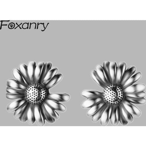 Foxanry Prevent Allergy 925 Sterling Silver Stud Earrings for Women Tredny Elegant Sweet Flowers Design Party Jewelry Girl Gift
