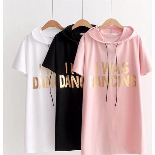 Plus size cotton hooded collar letter print t shirt women short sleeve tshirt 2018 white & black & pink long t-shirt summer tops