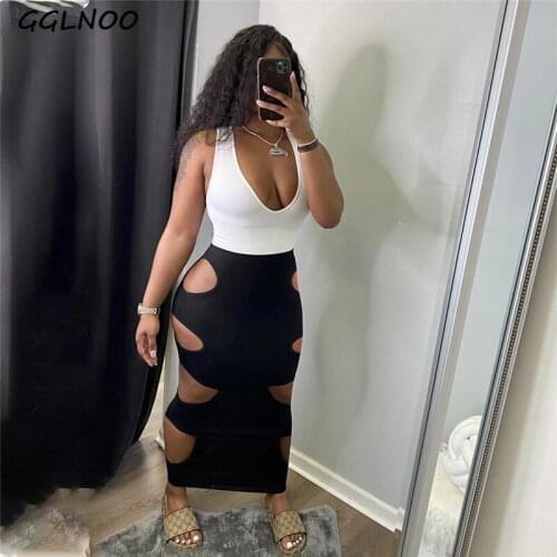 GGLNOO Knitted Bodycon Maxi Dress Sexy Hollow Out Dresses for Women Party Summer Clothes Sleeveless Club Outfits Party Dresses