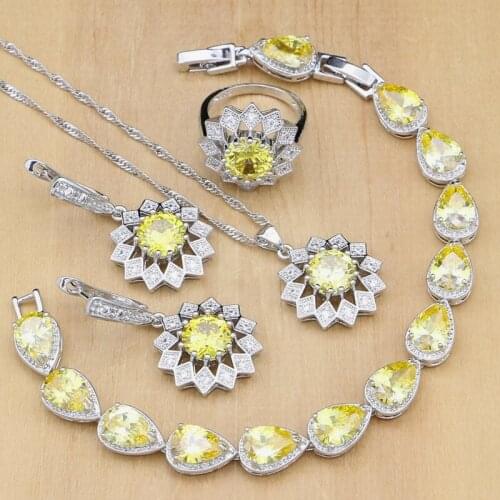 Sunflower 925 Silver Jewelry Sets Yellow Zircon Stones White CZ For Women Wedding Earrings/Pendant/Rings/Bracelet/Necklace Set