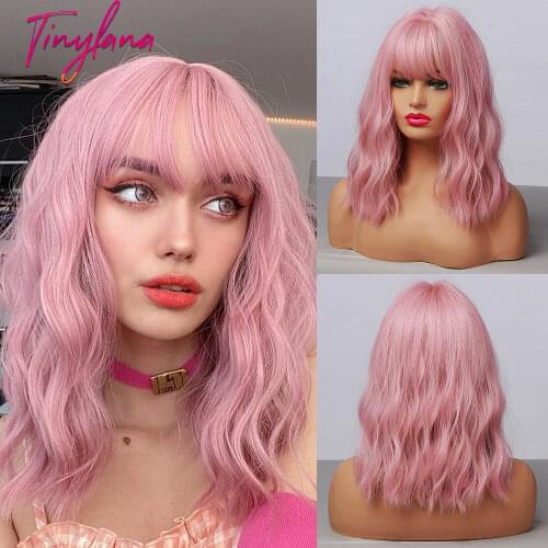 TINY LANA Medium Long Pink Synthetic Wigs with Bangs Colorful Bob Wavy Wigs for Women Cosplay Party Wigs Heat Resistant Fiber