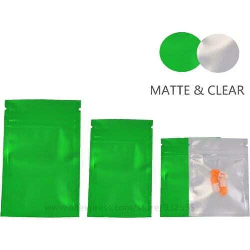 Matte Green Pouches One Side Clear Zip Lock Foil Plastic Bag Food Storage Bag Colors For Snack,Tea,Accessories Pouches 100 Pcs