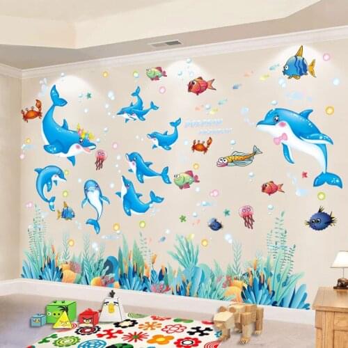 [SHIJUEHEZI] Fish Seagrass Wall Stickers DIY Dolphins Animals Wall Decals for Kids Room Baby Bedroom Bathroom Home Decoration
