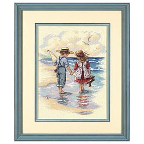 2017 Newest High Quality Unprinted Unfinished 14ct Counted Cross Stitch kits, Holding Hands Boy And Girl Seaside Partners 12*15"