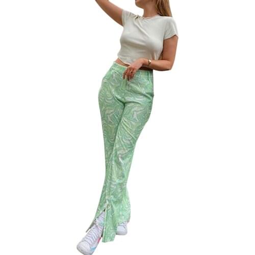 2021 Latest Hot Sale Ladies Trousers Tie-Dye Printing Green Slit High Waist Micro Horn Shopping Casual Pants S/M/L/XL/XXL