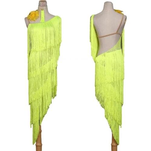 New Fashion Latin Dance Dress Women Shiny Rhinestone Fluorescent Green Fringed Skirt Stage Dancing Costumes Competition Dresses