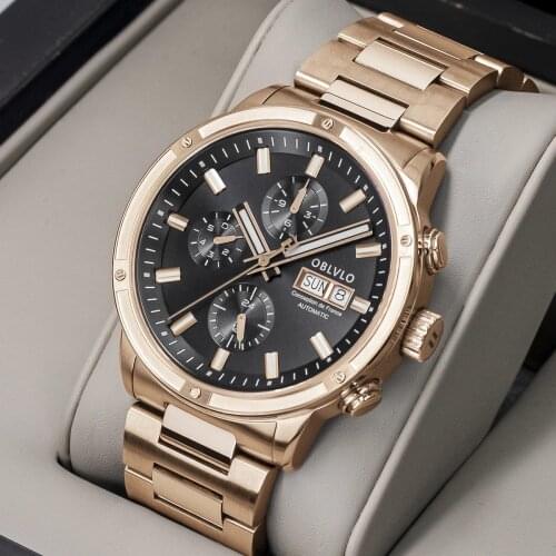 OBLVLO Men Watch Top Brand Automatic Mechanical Rose Gold With Date Watch Men Casual Watch Sapphire Glass Waterproof Watch