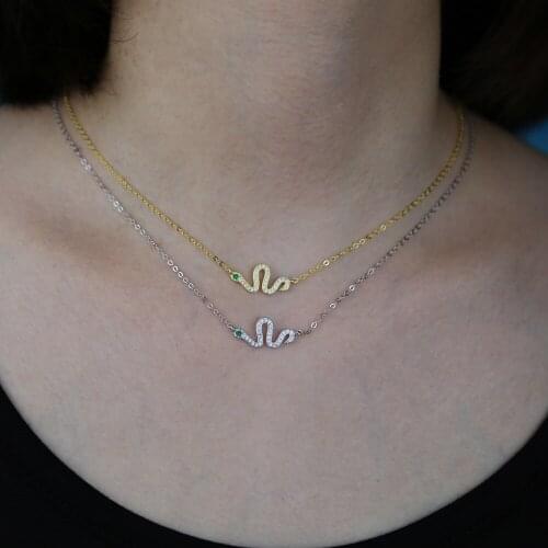 100% 925 sterling silver necklace micro pave white green cz tiny snake charm delicate dainty silver jewelry