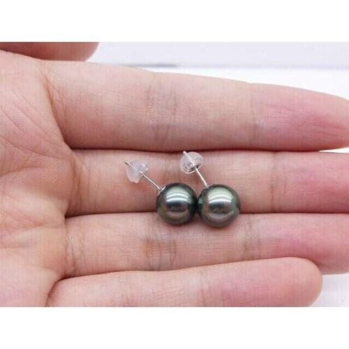 Pair round 10-11mm tahitian round black green pearl earring 18k
