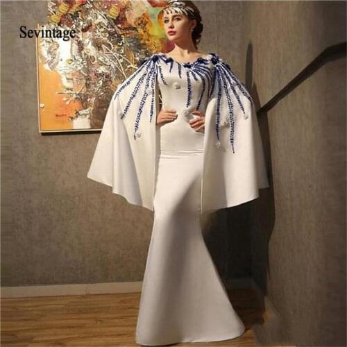 Sevintage Saudi Arabic Long Prom Dresses With Cape Mermaid Scoop Muslim Evening Dresses Flowers Red Carpet Dress Abendkleider