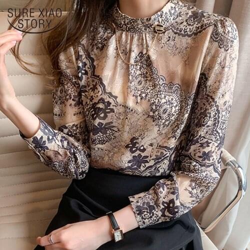 Casual Plus Size Stand Collar Female Shirts New Elegant Floral Blouse Women Long Sleeve Printing Ladies Clothing Blusas 13089