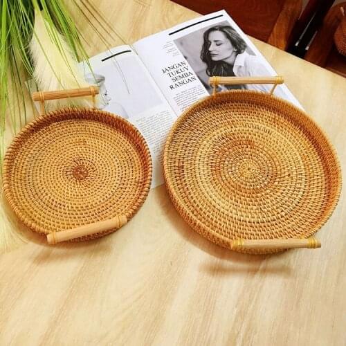 Handwoven Rattan Storage Basket With Wooden Handle Round Wicker Tray Bread Food Plate Fruit Cake Platter Dinner Serving Tray