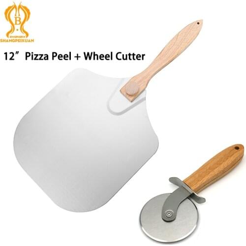 SHANGPEIXUAN 12 inch Wooden Handle Pizza Peel Aluminum Pizza Shovel Foldable Pizza Peel Wheel Knife Pizza Cutter Baking Tools