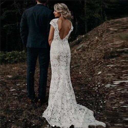 Boho Wedding Dresses Mermaid 2021 Cap Sleeve V-Neck Backless Lace Bohemian Bridal Gowns Beach Bride Dress Vestido De Noiva