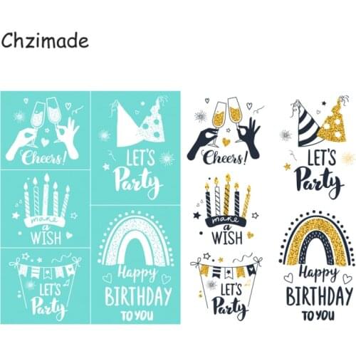 Chzimade 13Pcs Happy Birthday Printed Self-Adhesive Silk Screen Printing Stencil Mesh Transfers For Clothes Handbags Diy Decor