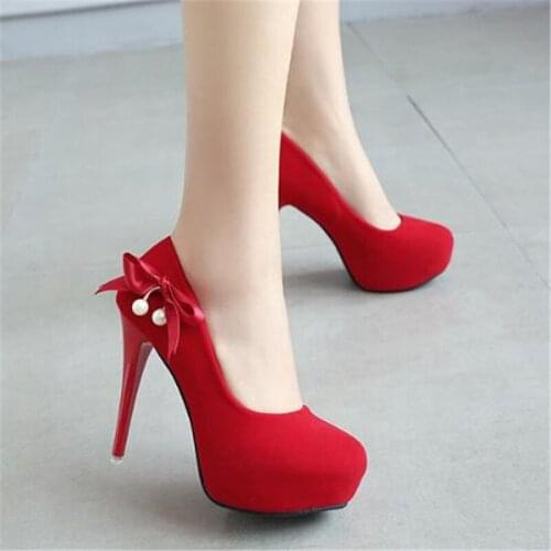 Women pumps Flock Slip On 12.5CM Thin Heels High heels Round Toe Butterfly-knot waterproof Shallow women shoes size 35-42