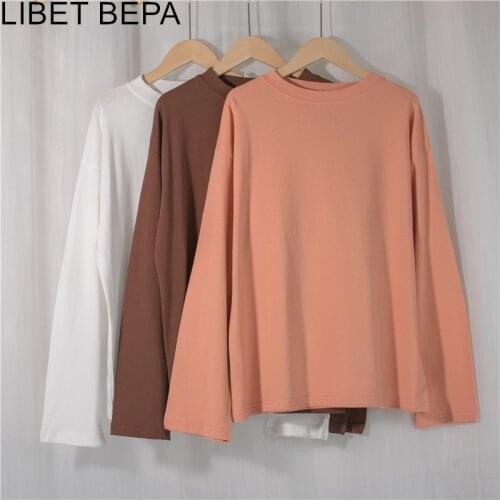 New 2021 Spring Autumn Women T-Shirts Oversize Solid Bottoming Long Sleeve Wild Korean Style Minimalist Lady White Tops T1241JX