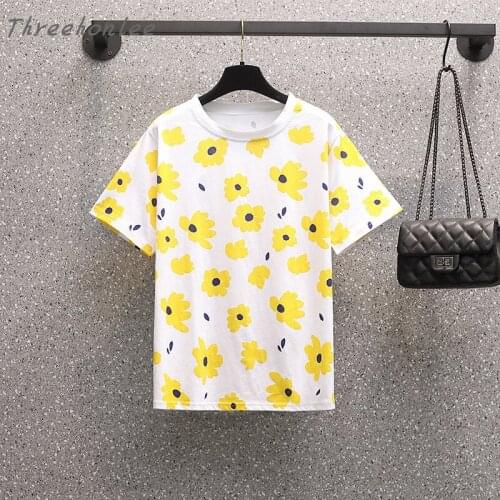 2021 Summer Women Yellow Flower Print Cotton Tee Shirt O-neck Short Sleeve Loose Casual T-shirts Ladies Tops Plus Size Outfits