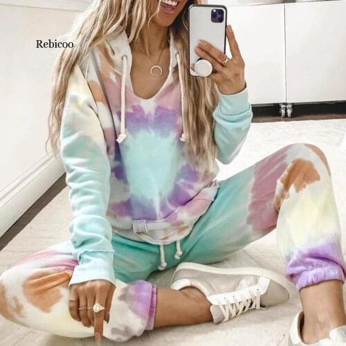 New Tie Dye Printed Women Pajamas Long Sleeve Tops and Long pants Hooded pijamas feminino Set Nightwear Casual